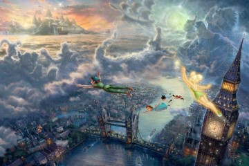 Thomas Kinkade Painting - Tinker Bell y Peter Pan vuelan al país de Nunca Jamás Thomas Kinkade